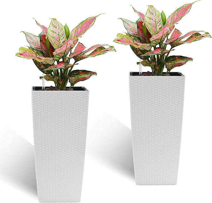 Square Planter for Indoor or Outdoor Use 22 Inch High Faux Rattan Flower Pot with Automatic Watering System for Porch Patio Backyard Makes Keeping Flowers Easier (Pack of 2 White)