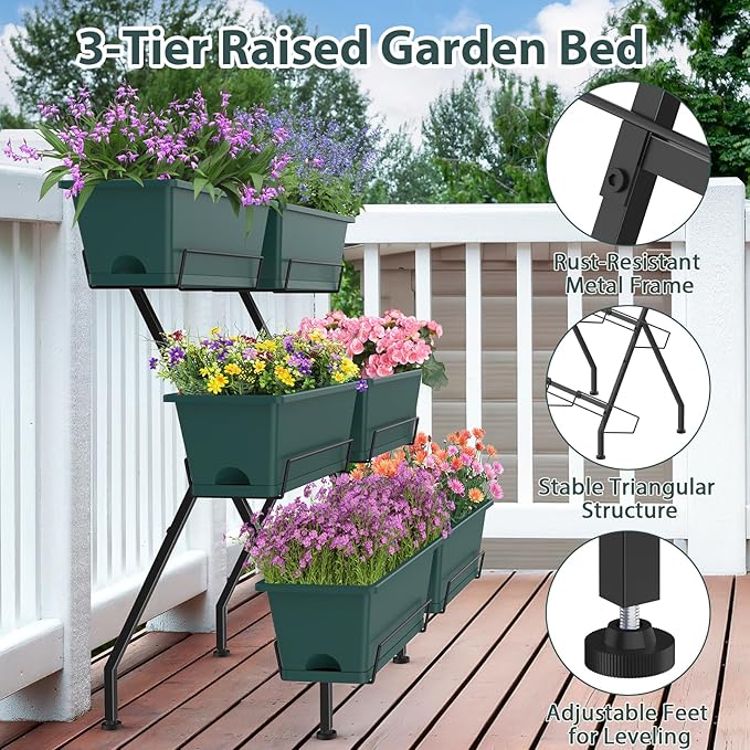 Sunexinlo 3-Tier Vertical Garden Planter with 6 Boxes 31 Tall Raised Garden Bed with Adjustable Feet for Herbs Flowers Vegetables Ideal for Indoor Outdoor Patio Balcony Deck Use Green