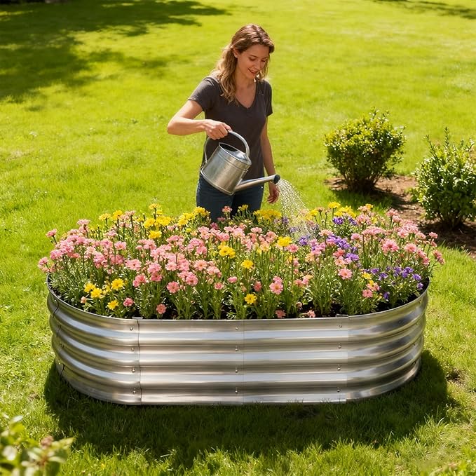 HGD Galvanized Raised Garden Bed Kit Galvanized Planter Garden Boxes Outdoor Oval Large Metal Raised Garden Beds for Vegetables &amp Flower (4 Pack)