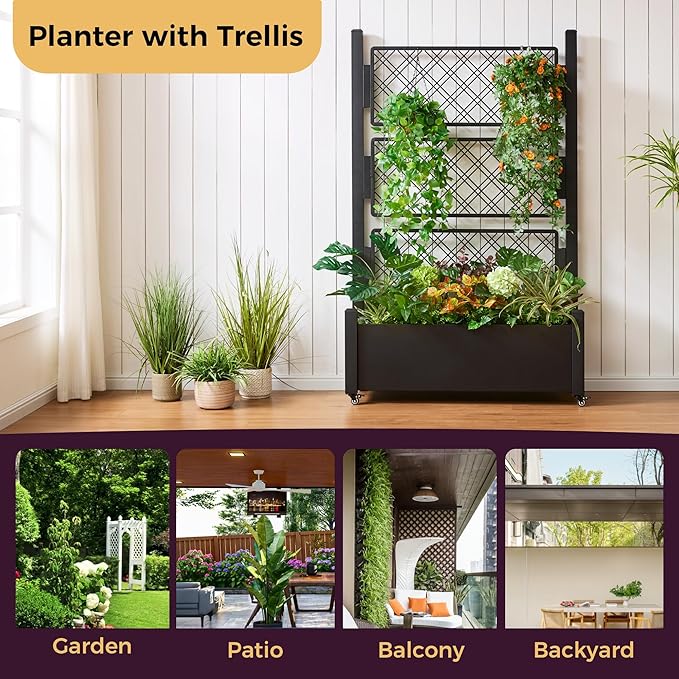 Metal Raised Garden Bed with Trellis 72Hx46Wx16D Inch Large Outdoor Planter Box for Climbing Plants Vegetables &amp Vines Privacy Screen with Wheels and Drainage Holes Black