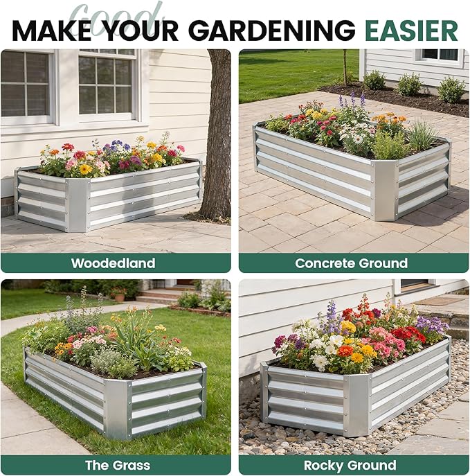 G GOOD GAIN 4x2x1ft Raised Garden Bed – Galvanized Metal Planter Box for Vegetables Flowers Herbs Fruits – Outdoor Garden Beds with Open Bottom Sliver