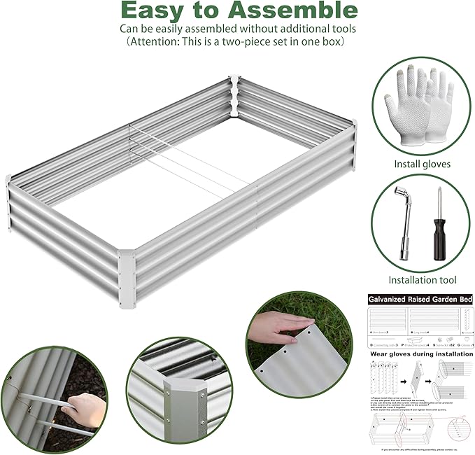 8x4x1ft(2 Pack) Galvanized Raised Garden Bed Kit Galvanized Planter Garden Boxes Outdoor Metal Raised Garden Beds for VegetablesFruits FlowerSilver