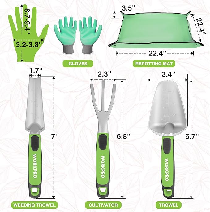 WORKPRO 5PCS Garden Tool Set with Hori Hori Garden Knife Set Gardening Tool Set with Repotting Mat 7 Stainless Steel Blade with Cutting Edge Ideal Gardening Gift