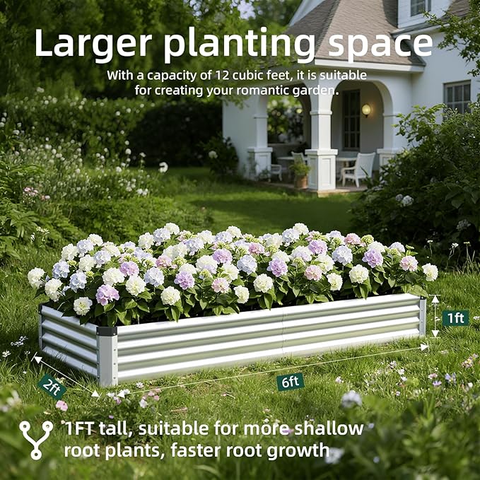2PCS 6x2x1 FT Rectangle Metal Raised Garden Bed Kit Elevated Garden Planter Box Outdoor Large Planters for Outdoor Plants Flower Vegetables Fruit Herbs (Silver)