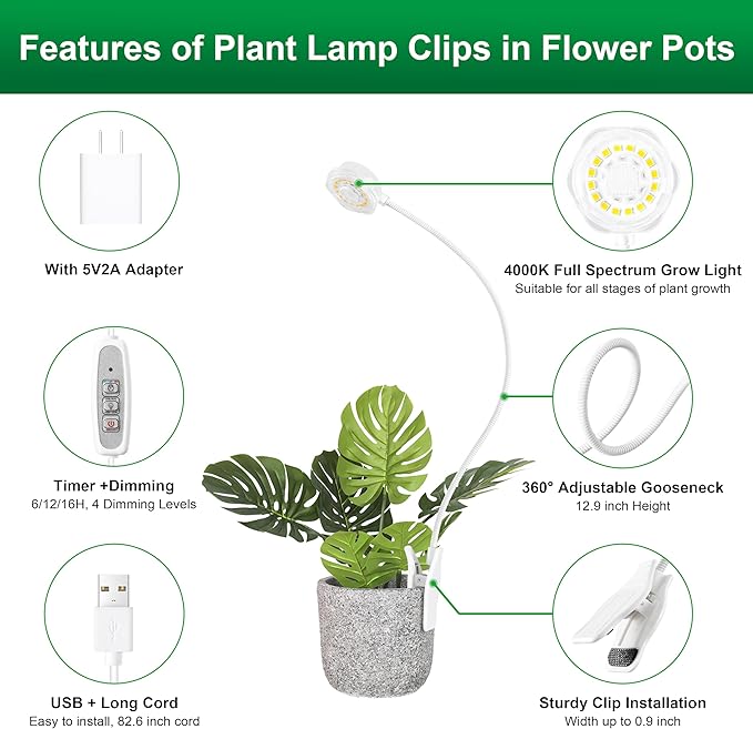Indoor Small Plant Growth Lights Pot Clip Grow Lights LED Full Spectrum Grow Lamps with 4 Brightness Levels Auto Timer 6/12/ 16 Hrs for Succulents White 2 Pack