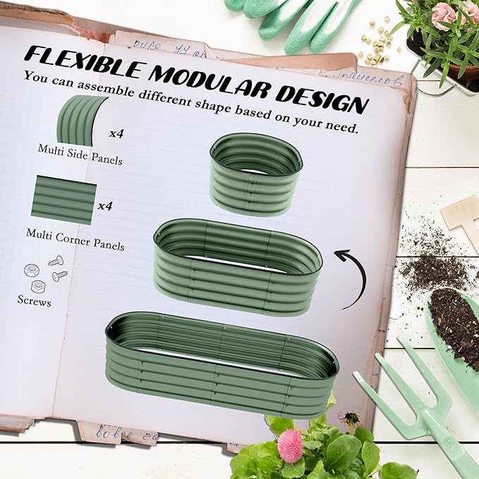 4.9' x 2' x 1' Galvanized Raised Garden Bed Kit Outdoor Metal Elevated Planter Box with Safety Edging Easy DIY Stock Tank for Growing Flowers Herbs Vegetables Green
