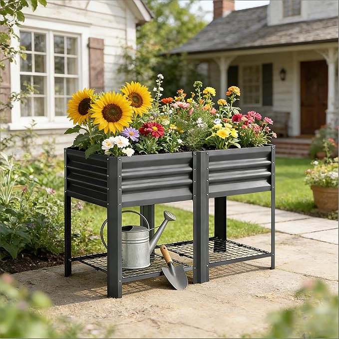 Elevated Outdoor Raised Garden Bed with Legs - 39.6-Gallon Galvanized Steel Planter Box for Patio Herbs Vegetables &amp Flowers - Ergonomic Height 33lb Storage Shelf (Dark Gray)