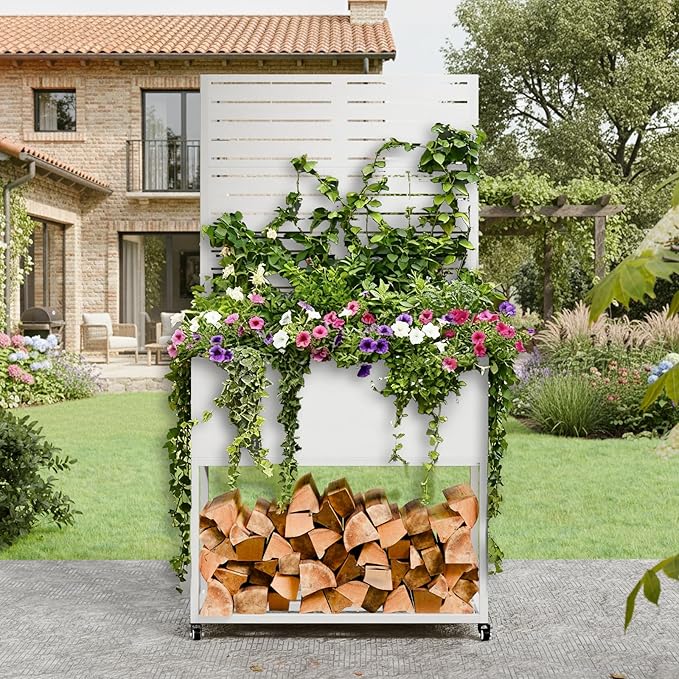 Raised Garden Bed with Trellis Metal Raised Planter Box with Trellis Privacy Planters for Patio Raised Garden Beds Outdoor Standing with Drainage Holes Wheels White