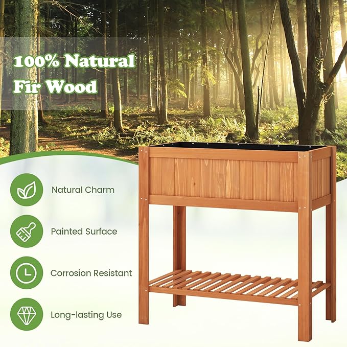 2-Tier Elevated Garden Planter Bed Fir Raised Garden Bed Outdoor with Legs &amp Storage Shelf for Vegetables Flowers &amp Herbs Wooden Planter Box Raised Bed for Gardening Balcony &amp Porch