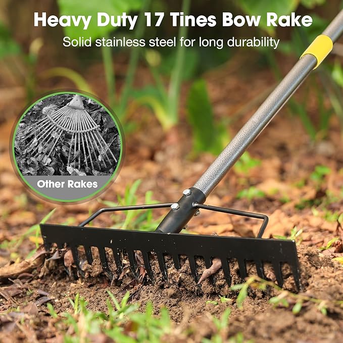 Heavy Duty Bow Rake 17 Tines Metal Garden Rake with Adjustable Handle for Leaves Lawn Soil Sod - 35-67 Metal Handle (Black)
