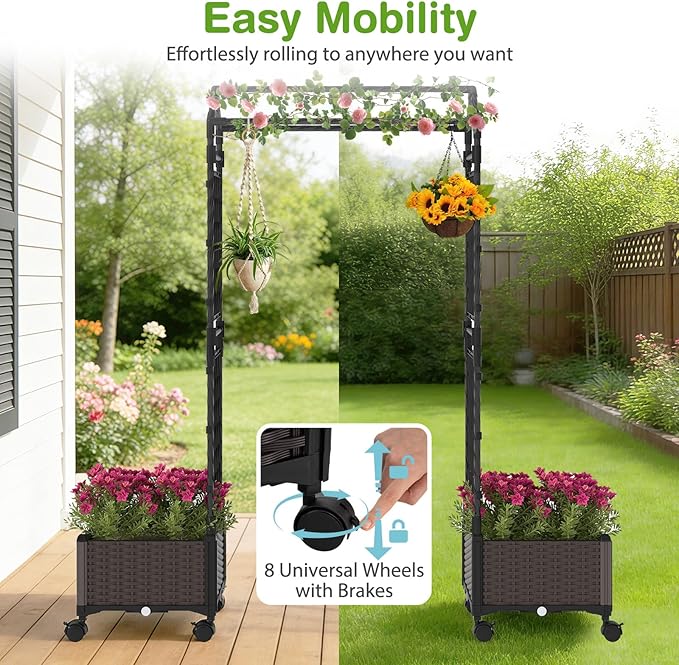 Giantex Planter Boxes with Arch Trellis 5FT Self-Watering Tall Raised Garden Bed w/Wheels Hanging Roof &amp Drainage Holes Outdoor Indoor Tomato Planter for Climbing Vines Vegetables (61x16x58)