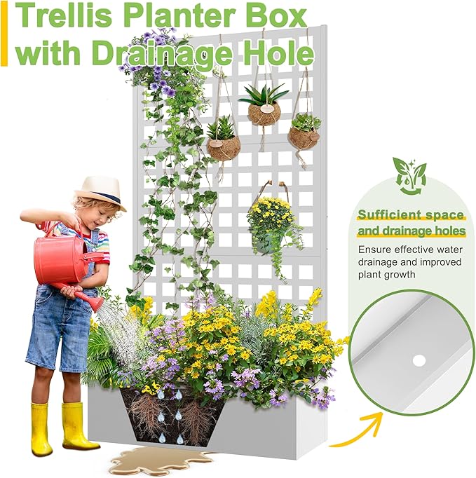 FENCY Metal Raised Garden Bed with Trellis Planter Box with Trellis Garden Box for Climbing Plants Vegetable 35''Lx16''Wx71''H Metal Garden Bed with Drainage Holes(White)