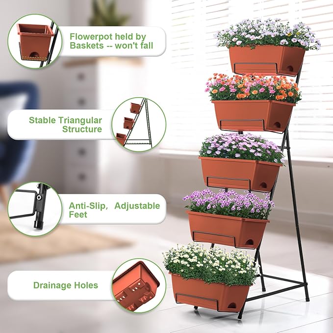 5 Tier Vertical Raised Garden Bed Planter Box Vertical Raised Bed with Drainage Holes for Indoor Outdoor Herbs Flowers Vegetables Plants Red