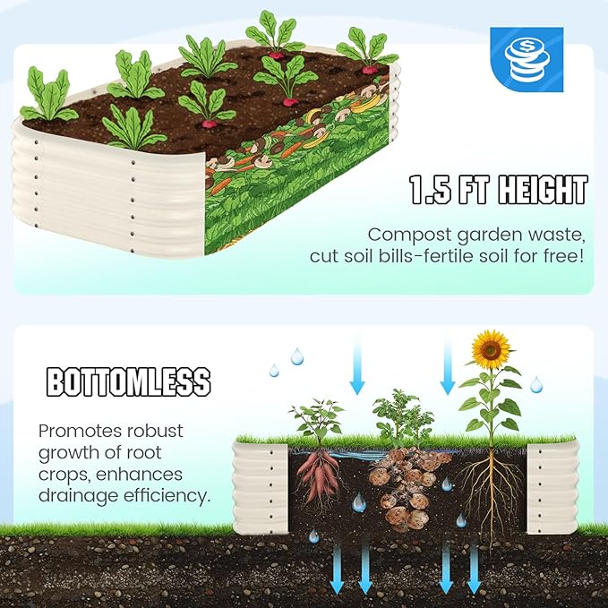 Quictent Raised Garden Bed Kit Oval Galvanized Metal Planter Box Tall for Vegetables Outdoor Backyard Strengthened by Crossbar Beige 8x4x1.5 ft