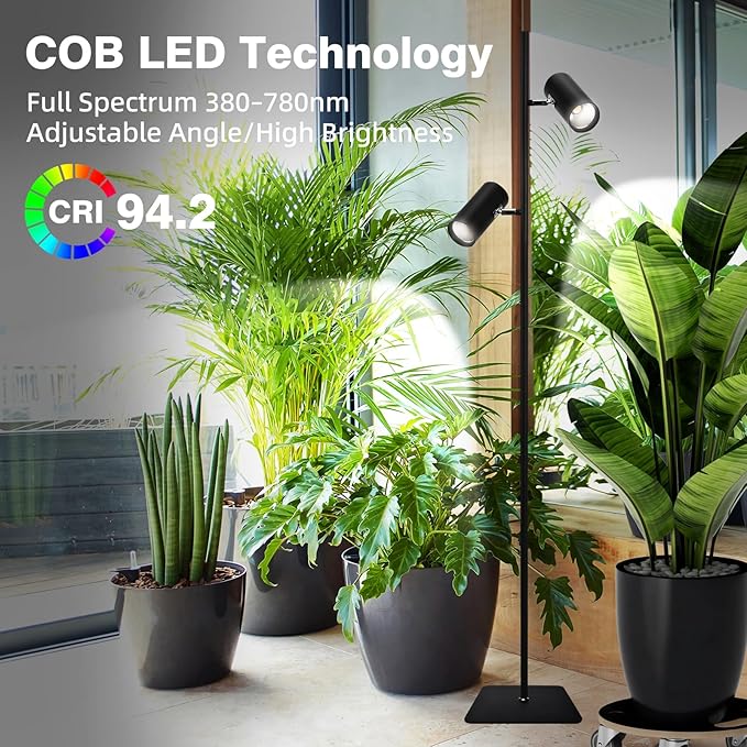 60W Dimmable Grow Light Daylight Full Spectrum COB LED Dual-Head Floor Lamp with High PPFD&ampCRI 6/8/12H Timer Adjustable Height (37-77) &amp Angle – Standing Grow Lights for Indoor Plants