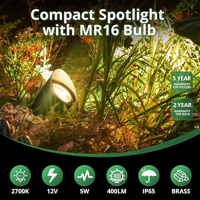 GKOLED Solid Brass Low Voltage Compact Spotlight 12V AC/DC Waterproof Outdoor Landscape Spot Lights for House Trees Garden Yard Lawn Up Light with 5W 2700K MR16 Bulb Stake Included