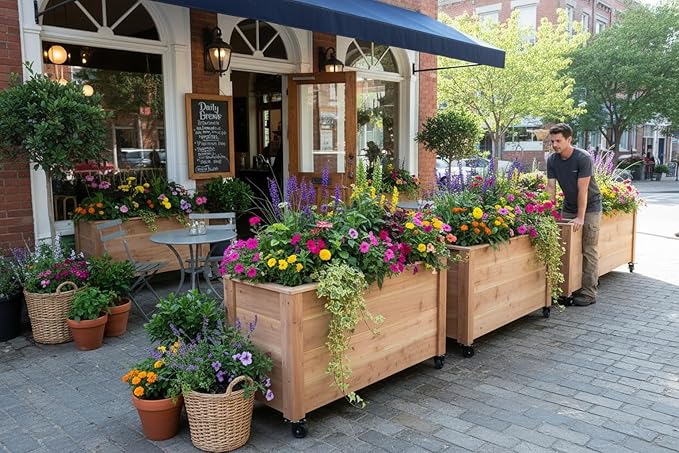 Tall Cedar Planter Box with Locking Wheels – Mobile Raised Garden Bed for Patio Balcony &amp Business Entrances – Wooden Planter with Brakes for Flowers Herb &amp Vegetable Plants
