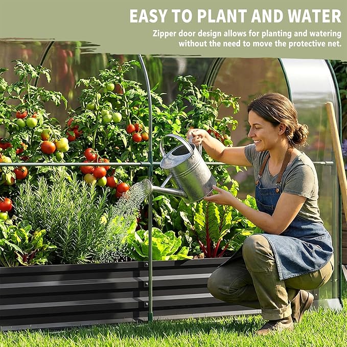 SUNYRISY Galvanized Raised Garden Bed with Greenhouse Outdoor Metal Planter Box with Plant Bed Cover Garden Box Protection for Gardening Vegetables Flowers Herbs Planting Black