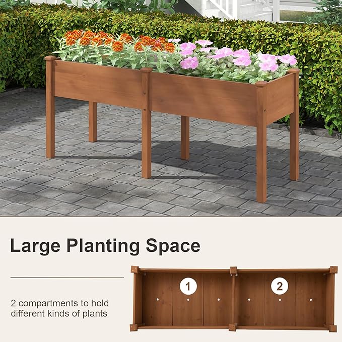 HAPPYGRILL Raised Garden Bed Outdoor Planter Raised Bed w/Drainage Holes Divider Panel 6 Supporting Legs Elevated Wood Planter Box for Backyard Patio Balcony 73” x 23” x 30” (L x W x H) (Brown)