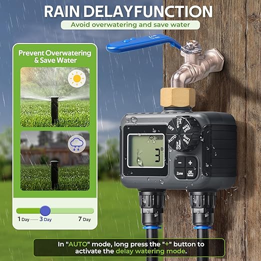 HIRALIY 50FT Drip Irrigation Kit with Garden Water Timer-2 Zone Automatic Garden Watering System for Raised Bed Quick Connect Design Irrigation System for Plant Patio