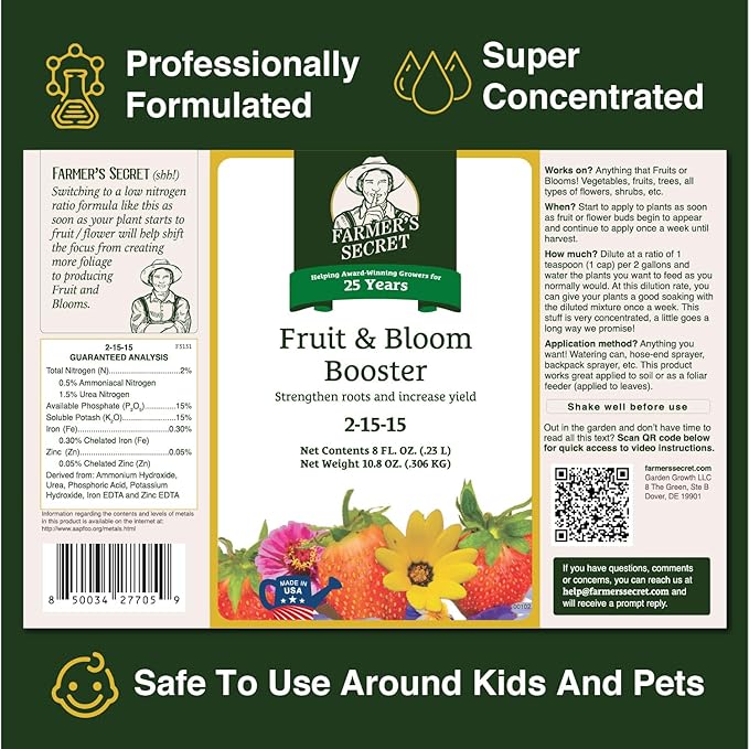 Farmer’s Secret Fruit &amp Bloom Booster Fertilizer (32oz) - Super Concentrated - Boosts Flowering and Yield on All Varieties of Fruits Vegetables and Flowers