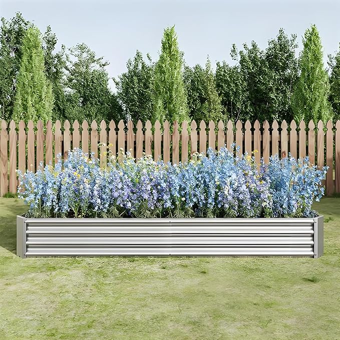 LANOVAGEAR Raised Garden Bed Kit - Metal Raised Bed Garden 7.6x3.7x0.98ft for Flower Planters Vegetables Herb (Silver)