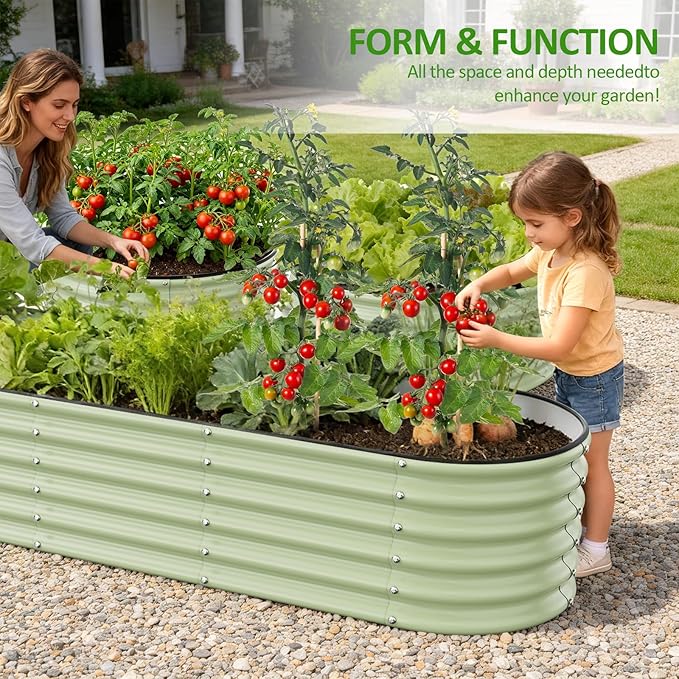 Gruper Galvanized Raised Garden Bed 8×2×1.4 ft Tall Oval Large Metal Planter Raised Garden Boxes Outdoor for Vegetable Fruits Flower Herb Anti-Rust and Sturdy &amp Easy-Setup
