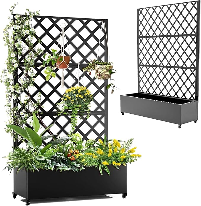PeakPursuit 72x47IN Metal Planter Box with Trellis and Wheels-Indoor and Outdoor Privacy Screen Planters Heavy Duty Raised Garden Bed with Trellis for Patio and Yard