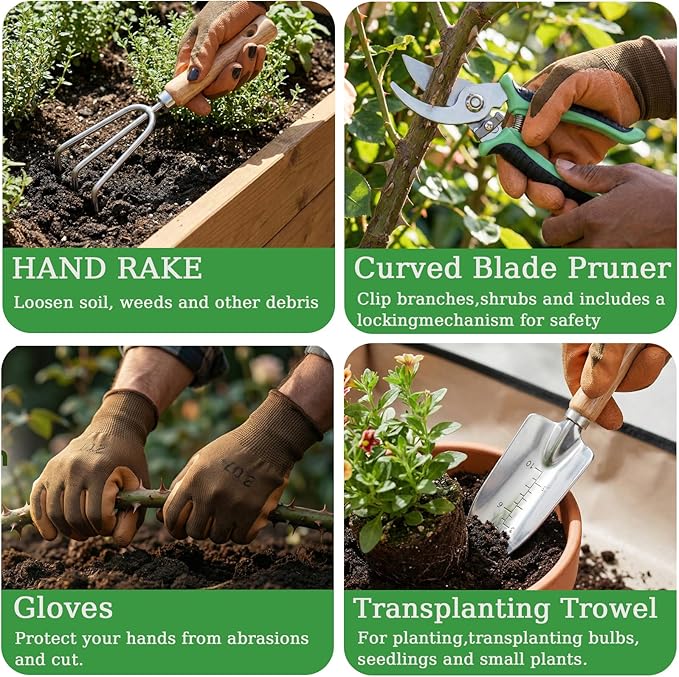 Heavy Duty 10-Piece Garden Tool Set Rust-Proof Stainless Steel Gardening Hand Tools Ergonomic Non-Slip Grips Ideal Gardening Gifts for Women &amp Men – Gardening Essentials (Green)