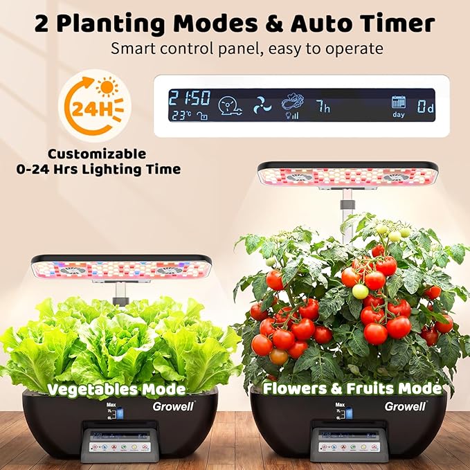 Hydroponics Growing System Kit 17 Pods Indoor Herb Garden with 2 Fans Circulation Grow Light Smart Water Cycle Auto Timer 10L Water Tank Perfect Indoor Gardening System Gifts(Black/Grey)