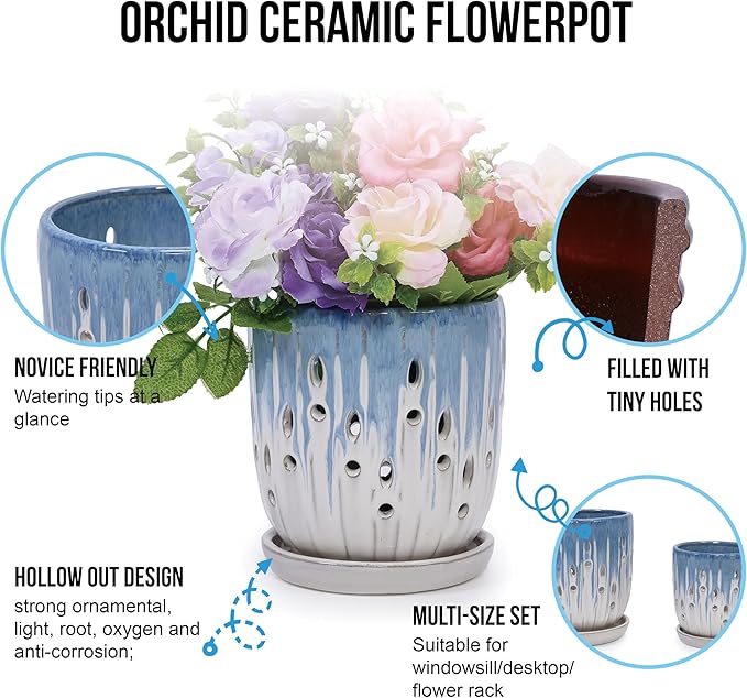 Handmade Blue White Gradient Ceramic Planter Set (7.48×8.07 5.51×6.1) IndoorOutdoor Flower Pot for Orchids Succulents on Windowsill Breathable with Drainage Holes