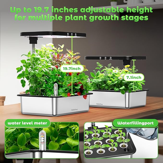 Stainless Steel Hydroponics Growing System kit Indoor Garden: 15 Pods Herb Garden with 24W Full Spectrum Grow Light Hydroponic Gardening System with Silent Pump Planting Height Up to 19.7 (Sliver)