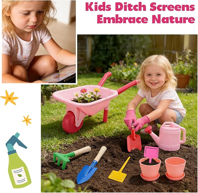 CUTE STONE Kids Gardening Tool Set Pink Wheelbarrow with Garden Toys with Watering Can Gloves Hand Rake Shovel Trowel Outdoor/Indoor Pretend Play Toys for Toddlers Boys Girls Age 3+