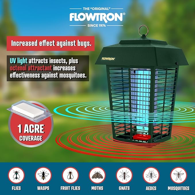 Flowtron Bug Zapper 1 Acre of Outdoor Coverage with Powerful 40W Bulb &amp 5600V Instant Killing Grid Electric Insect Fly &amp Mosquito Zapper Made in The USA - Green Color