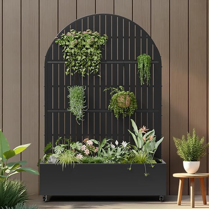 Casaphoria Metal Raised Garden Bed with Trellis and Wheels 72x47x16 Arched Planter Box for Climbing Plants Vegetables &amp Vines Features Drainage Holes and Privacy Screen (Black-Fence)