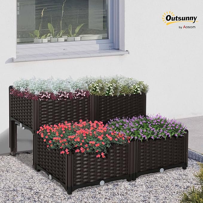 Outsunny 4 Piece Raised Garden Bed with Legs Planter Box Raised Bed to Grow Flowers Herbs &amp Vegetables Brown