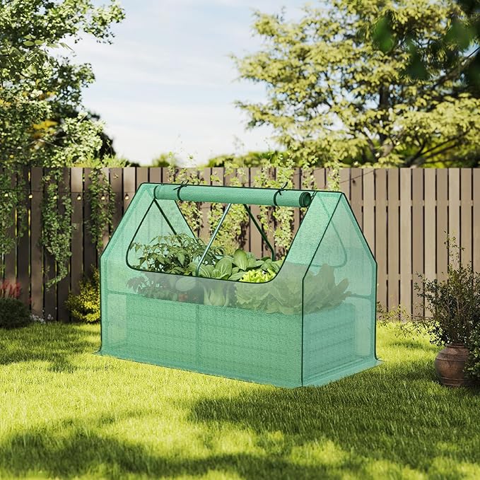 Aoodor Raised Garden Bed Kit 4x2x1 FT Galvanized Planter Box with PE Cover Screen Windows for Gardening Green
