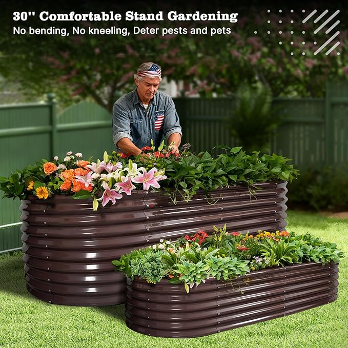 A ANLEOLIFE 30 Extra Tall Galvanized Raised Garden Beds Outdoor 6x3x2.5ft Oval Metal Planter Boxes for Planting Vegetables Flowers Fruits Eco-Safe &amp Easy Setup CaféBronze