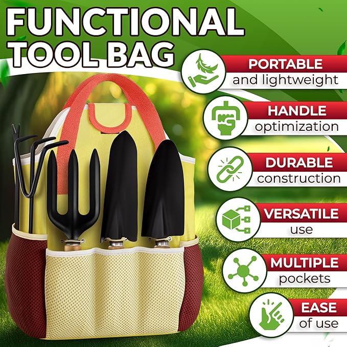 10 Pcs Gardening Tool Set for Women – All-in-One Garden Tools Set with Handy Tote Bag Ergonomic Design &amp Rust-Resistant Steel – Gardening Tools for Women for Easy Garden Care &amp Gifts for Plan