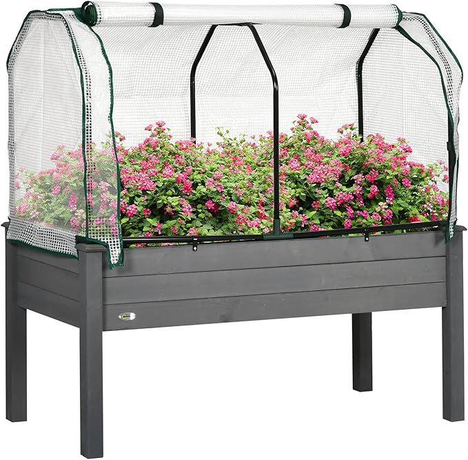 Outsunny Raised Garden Bed with PE Greenhouse Cover Outdoor Elevated Wood Planter Box for Herbs and Vegetables Use for Patio Backyard Balcony 48 x 22 x 46 inch Dark Gray