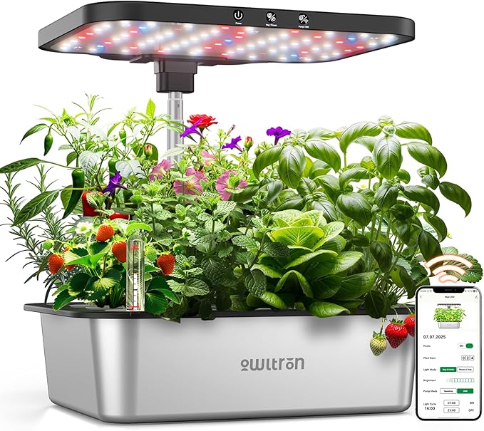 owltron Smart Hydroponics Growing System Kit15 Pods Indoor Herb Garden with 36W LED Grow Light &amp APP Control Planting Height Up to 30 Quiet Water Pump Stainless Steel - Ideal Gift for All Age