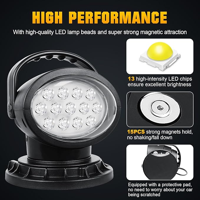 Willpower 50W 360 Degree LED Spot Search Light Rotating Remote Control Work Light with Magnetic Base for SUV Boat Emergency Lighting Home Security Farm Field Garden Protection12V 24V