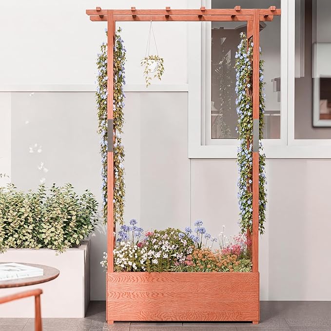Raised Garden Bed with Trellis Wood Planter Box with Hanging Roof Side Trellis 4 Drainage Holes Elevated Garden Bed for Outdoor Climbing Plants Vines Patio 43.3''x17.3''