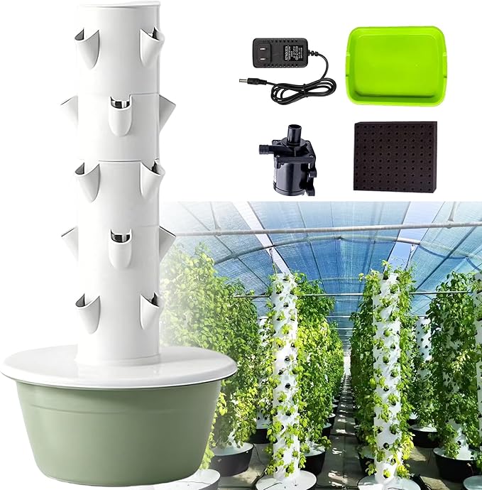 Large hydroponic Tower Auto Water Circulation 5Tier 20Cells 30L Tank Hydroponics Tower Indoor Growing for VegetableFruitStrawberry Green-OutdoorVersion
