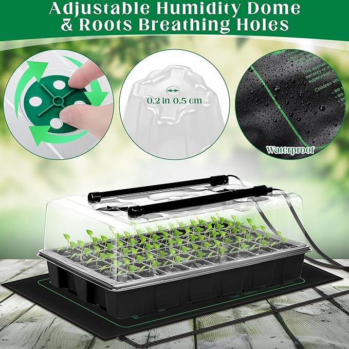 2 Set Seed Starter Kit 40-Cell Seed Starter Tray with Grow Light Full Spectrum Seedling Heat Mat 40 Peat Pellets Seed Starting Soil Plant Label Garden Tool for Germination Seeds Growing Black