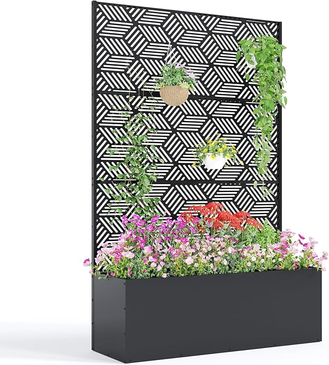 Garvee Metal Raised Garden Bed with Trellis 71x47x16 Metal Planter Box with Trellis Privacy Screen for Climbing Plants Vegetable Vines Drainage Holes 15.8 Deep Planting Bed Black