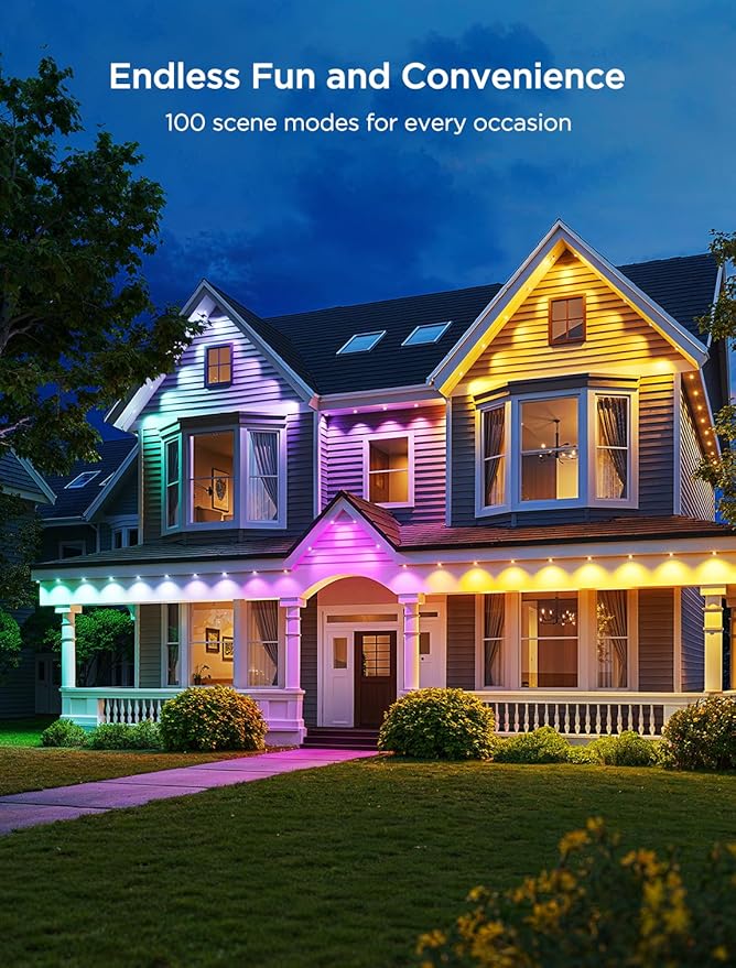 Govee Permanent Outdoor Lights 2 100ft RGBIC Outdoor Lights with 72 LED Lights IP67 Waterproof 100 Scene Modes with 40lm White for Outdoor Decorations Works with Alexa Google Assistant Black