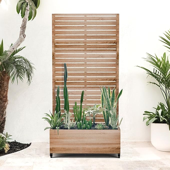 Metal Planter Box with Trellis for Patio Outdoor Raised Garden Beds with Privacy Screen Wheels Drainage Holes (35 L Brown Oak Grain)