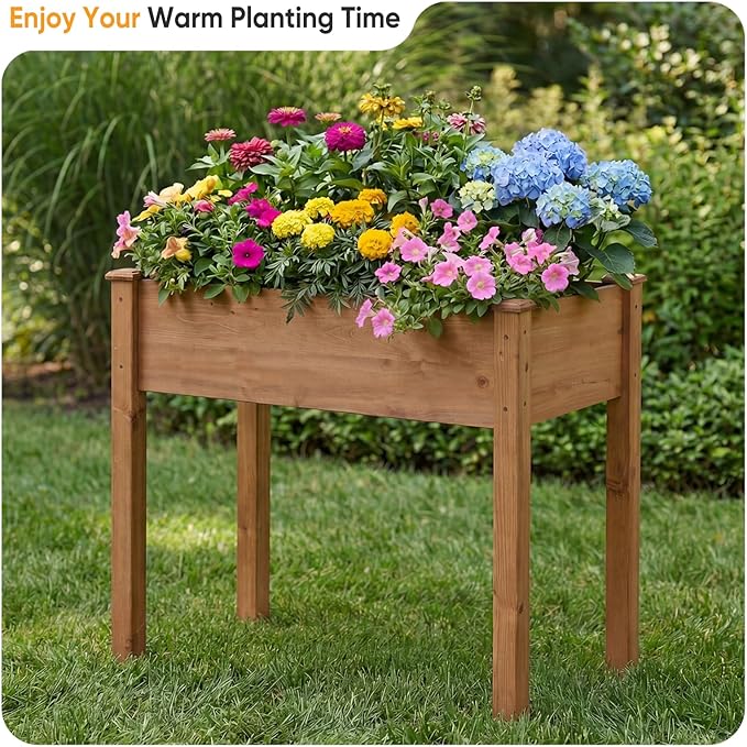 NEWBULIG Raised Garden Bed with Legs 34x18x30inElevated Wood Planter Box Stand for Outdoors Garden Balcony Courtyard Natural Wood 400 Pound Capacity for Planting Herbs Flowers Vegetables Brown