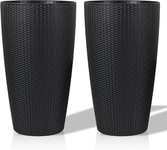 IndoorOutdoor The Appearance is Made of Rattan Planter22.5 inch Black Plastic Large Plant Pot with Automatic Watering System for Home and G (Black 22.5 inch 2 Pack)